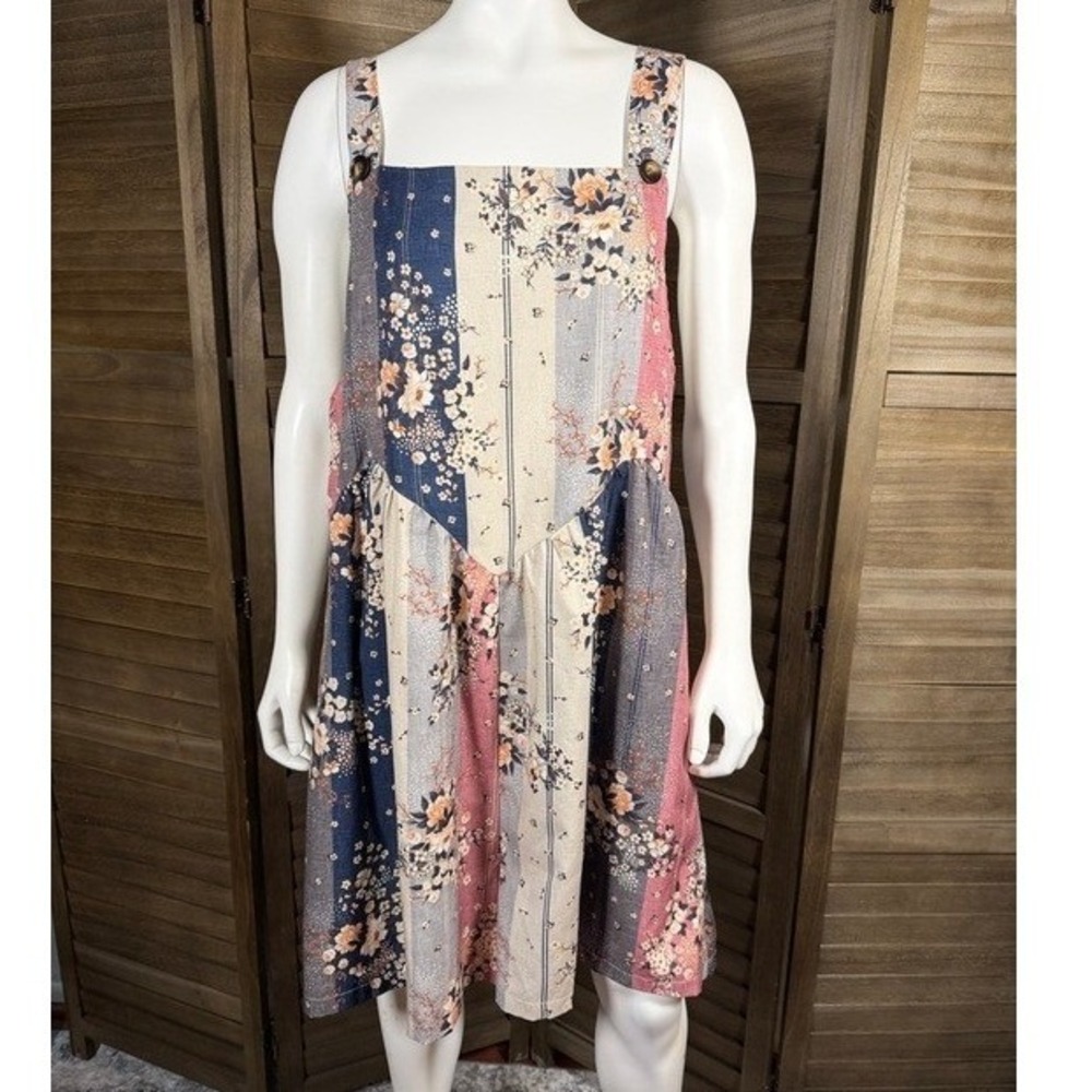 Floral Pinafore Romper Square Neck Sleeveless Boho Mini Multicolor Medium - Picture 2 of 8
